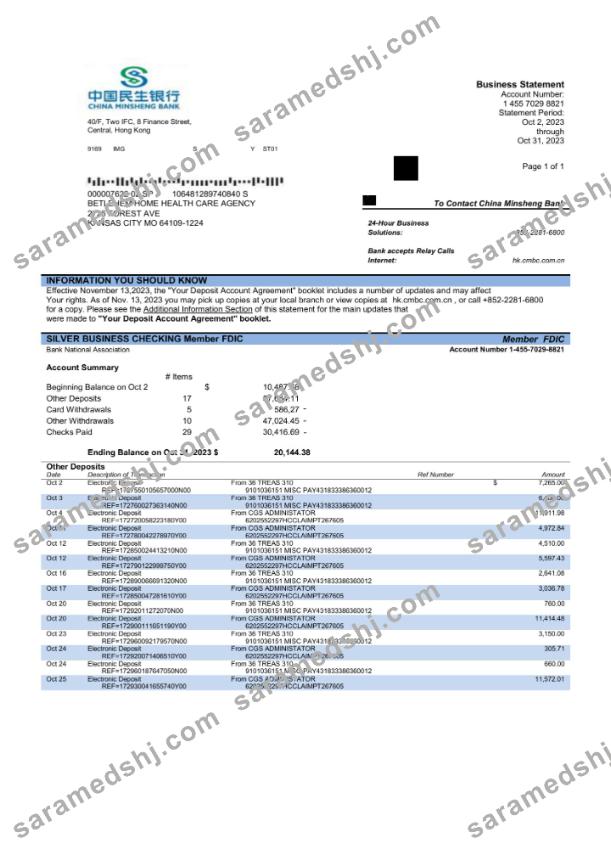 China Minsheng Bank firm account statement Word and PDF template